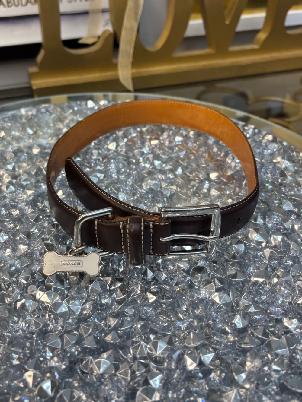 COACH MAHOGANY BROWN LEATHER DOG COLLAR BONE CHARM SILVER SIZE L